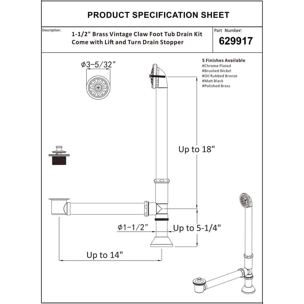 Helhom 1-1/2 in. Brass Tub Drain Kit Vintage Claw Foot Tub with Lift and Turn Stopper Chrome Plated (2)