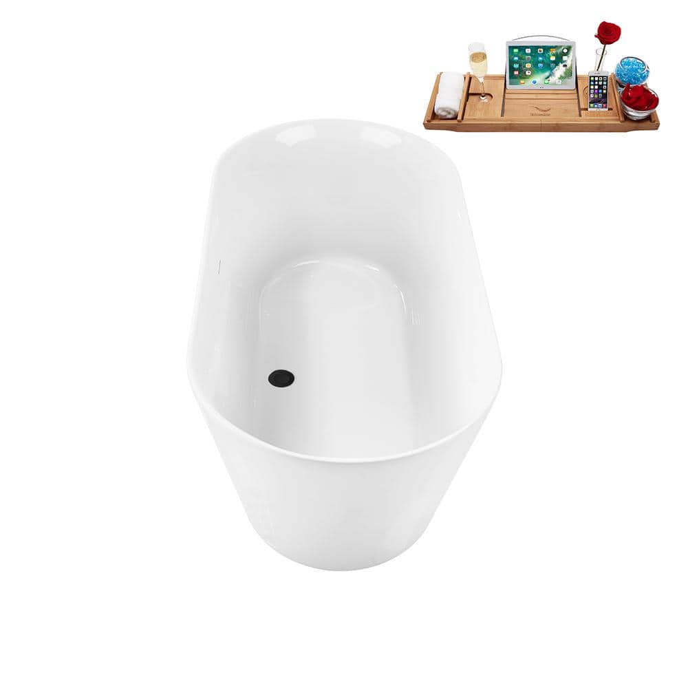 Streamline 59 in. Acrylic Flatbottom Non-Whirlpool Bathtub Glossy White with Matte Black Drain and Tray (3)