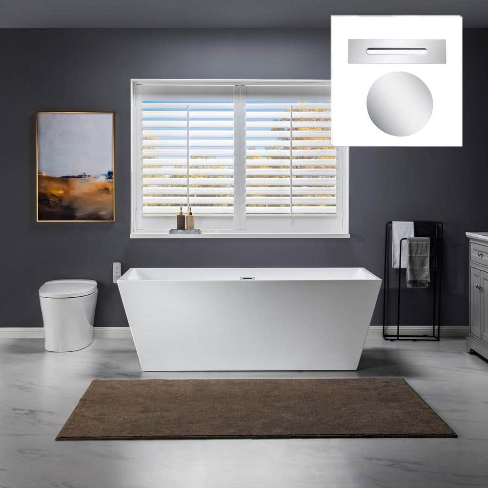 WOODBRIDGE Domme Acrylic Flatbottom Rectangle Bathtub with Brushed Gold Overflow and Drain Included White