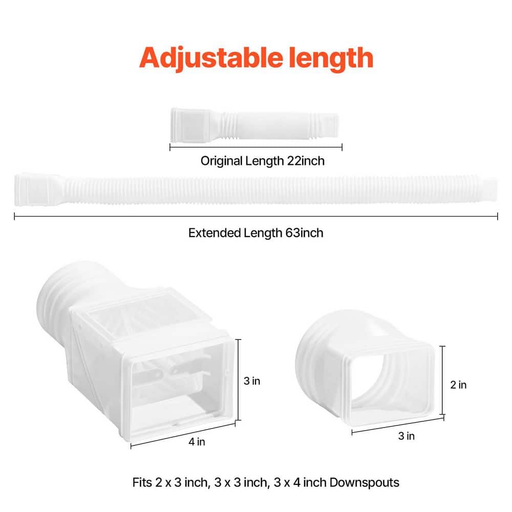 VEVOR Rain Gutter Downspout Extensions, Vinyl, 2-Pack Flexible Downspout Extender, Gutter Extensions with Adapters, White (3)