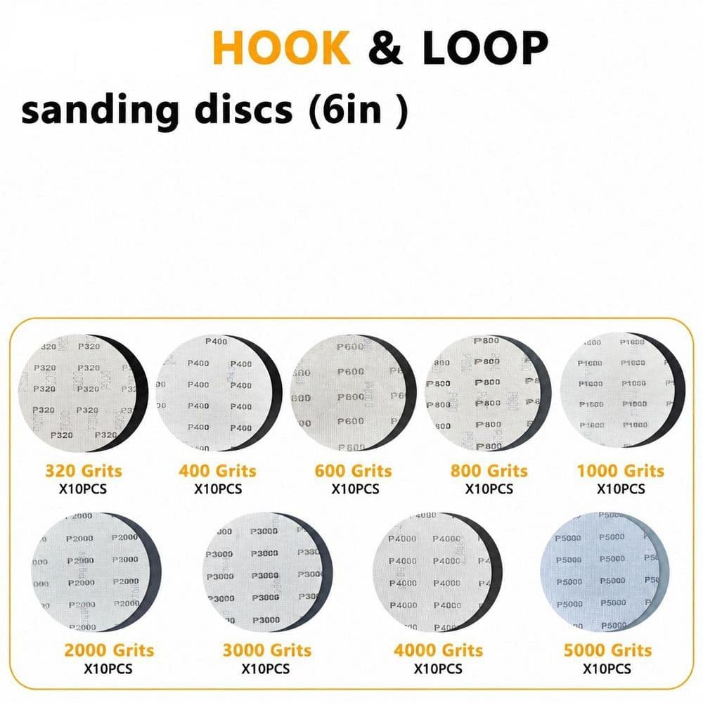 LAIFUCAM 6 in. Sanding Discs with Wet Dry Silicon Carbide, Hook and Loop, 320-5000 Grit Assortment, 90 Pack (3)