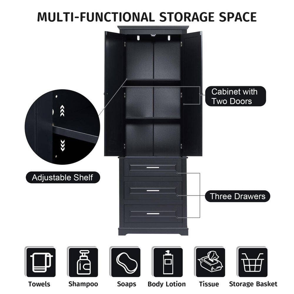 Boyel Living 15.7 in. W x 24 in. D x 70 in. H Black MDF Linen Cabinet with Adjustable Shelf 3-Drawers, 2-Doors (3)