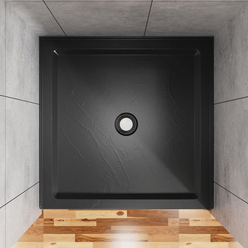 WELLFOR 36 in. L x 36 in. W x 3.5 in. H Alcove Square Acrylic Anti-Slip Shower Pan Base with Center Drain in Slate Black (2)