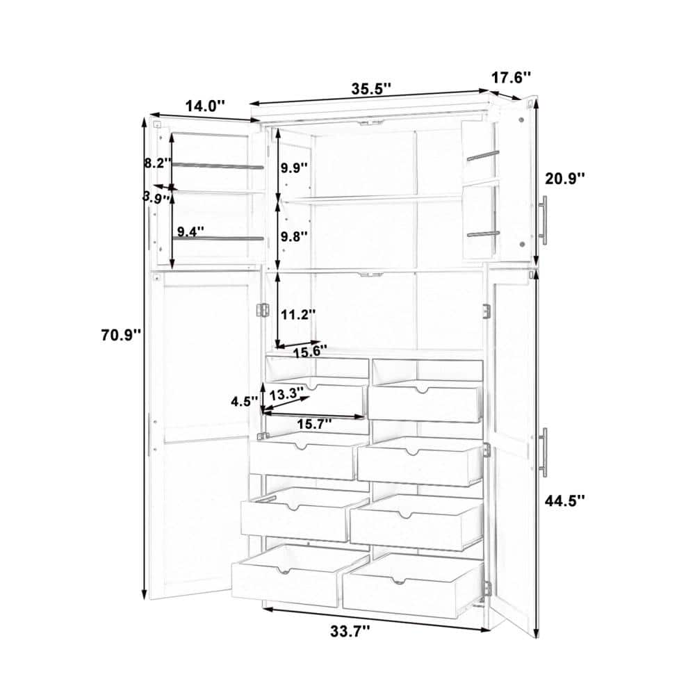 XUJMK 36 in. W x 18 in. D x 71 in. H White Linen Cabinet, Tall Pantry Storage Cabinet with Adjustable Shelf, 8 Pull-out Trays (2)