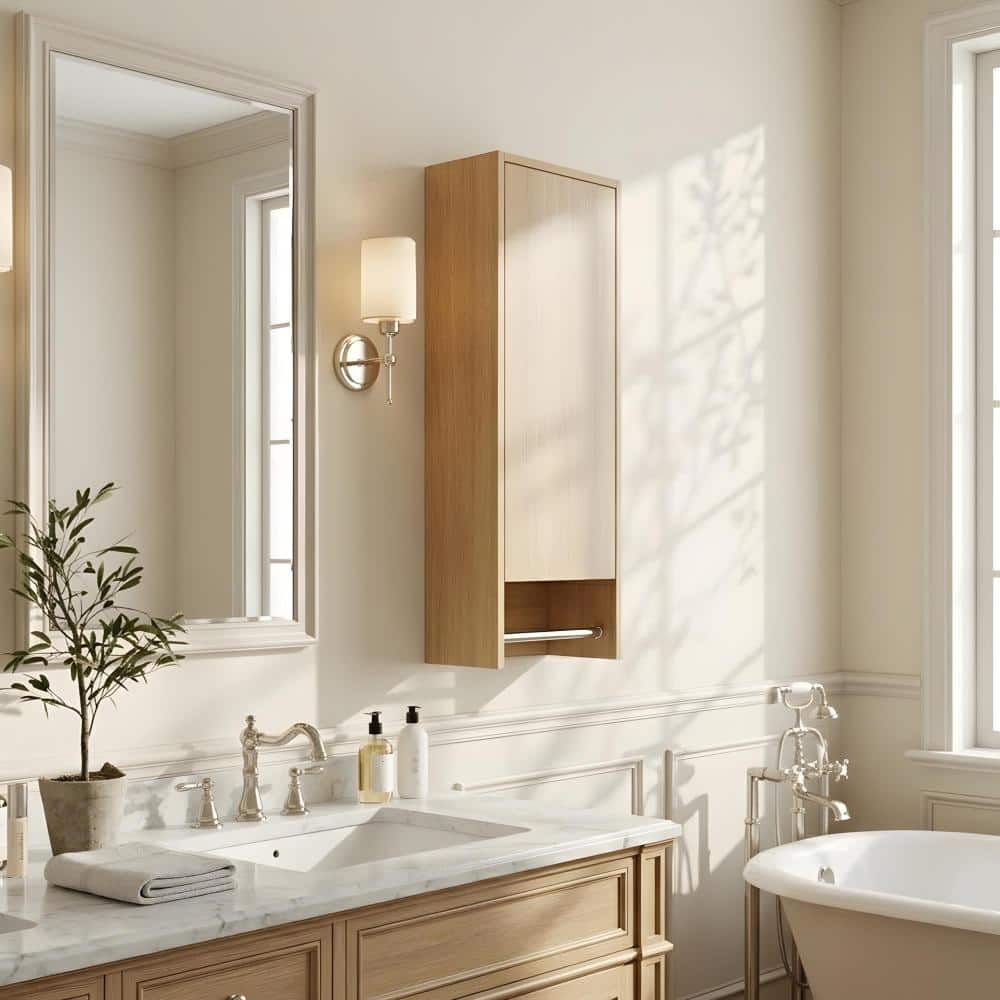 Zuvandra 11.81"W x 9.81"D x 35.44"H Plywood Bathroom Wall Cabinet with Doors,Built-in Shelves and Towel Rack,Oak (1)