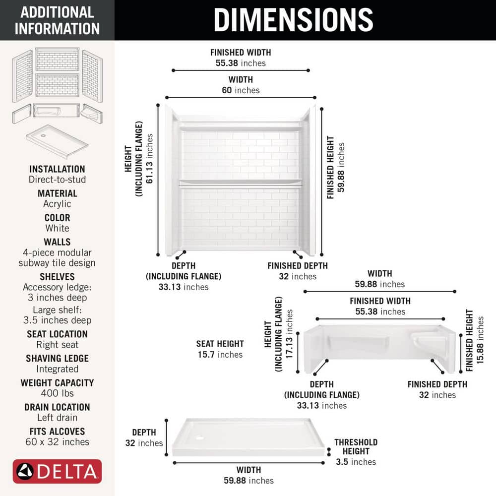 Delta Classic 500 Tile Right Seat 32 in. L x 60 in. W x 75.76 in. H Alcove Shower Kit with Shower Wall and Shower Pan (3)