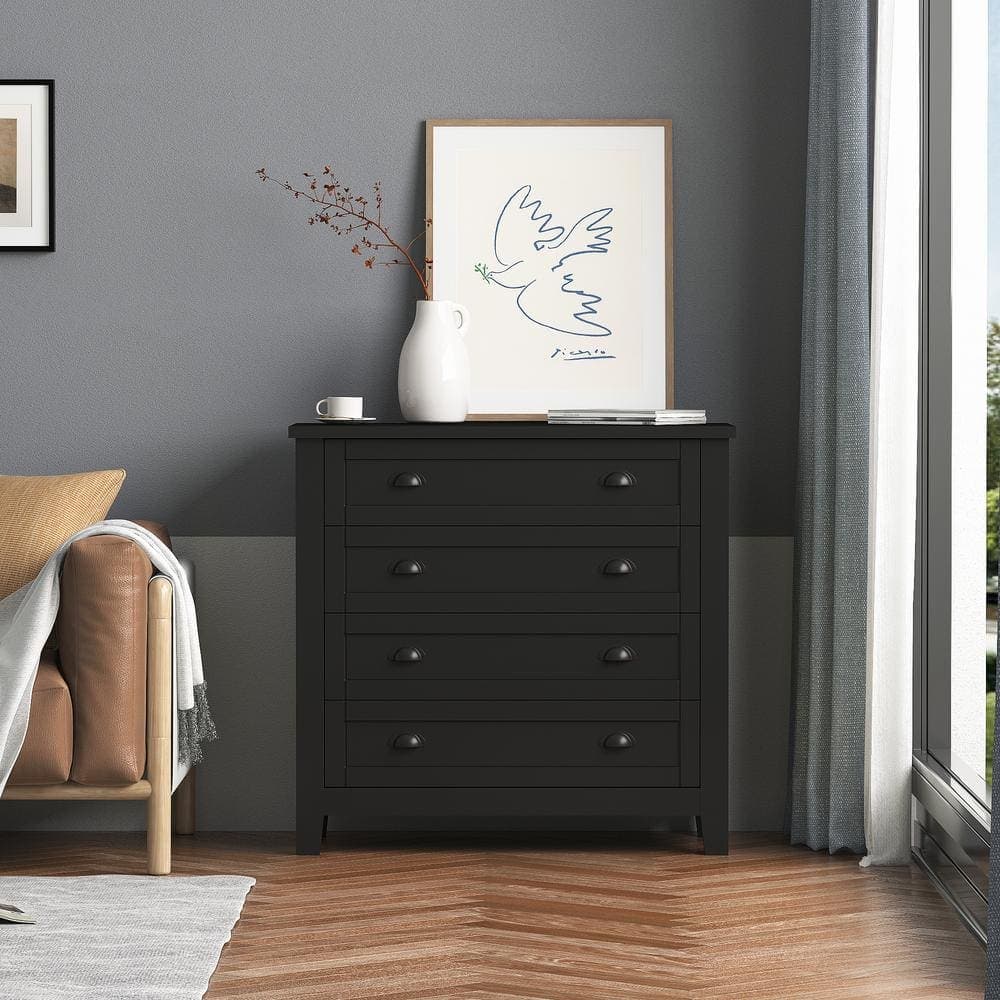 Unbranded 37.8 in. W x 17.7 in. D x 36 in. H Black Wood Linen Cabinet with 4 Drawers and Shell-Shaped Handles (1)