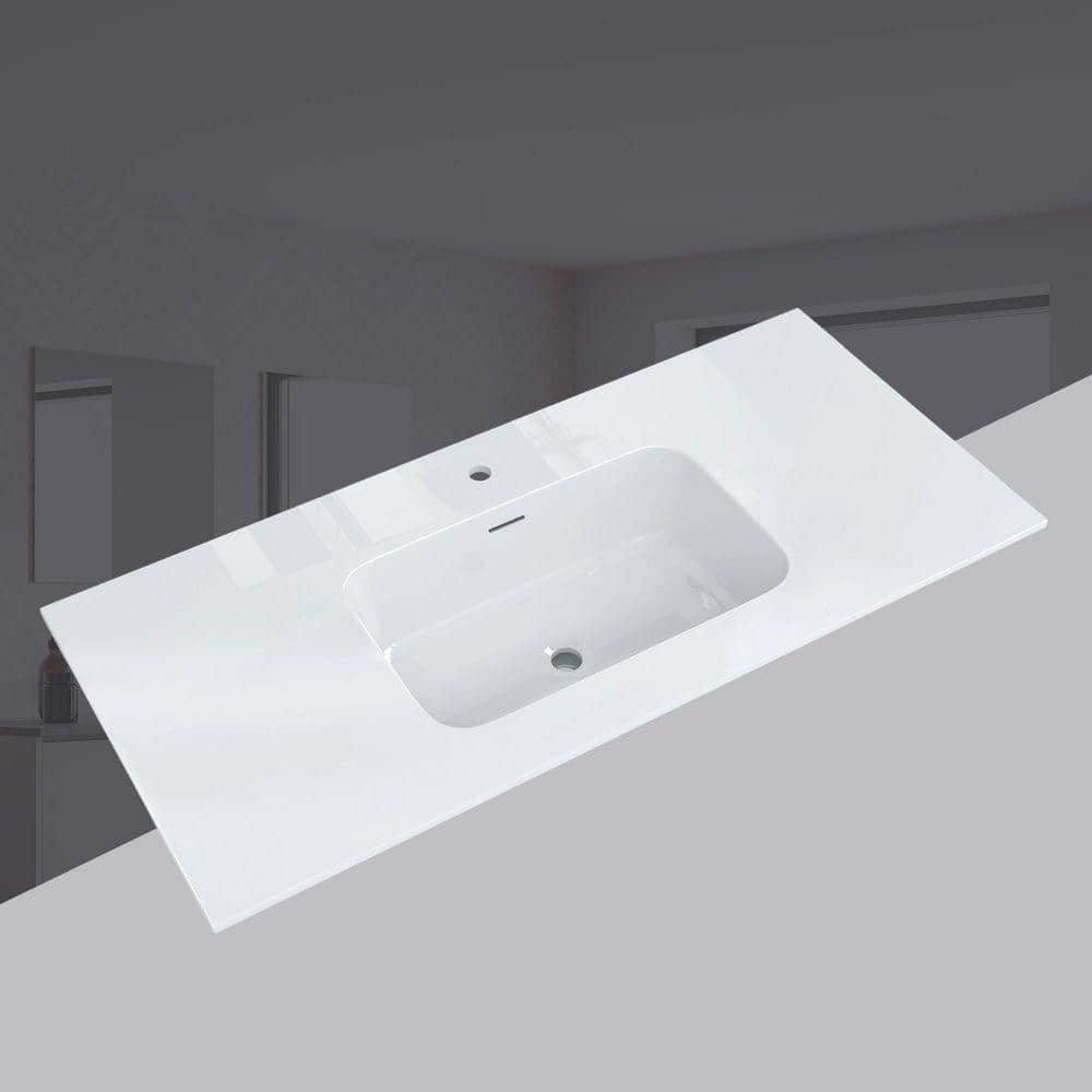NTQ 48 in. W x 22 in. D Rectangular Single Sink Bathroom Vanity Top White Solid Surface Resin Vanity Top in Glossy White (2)
