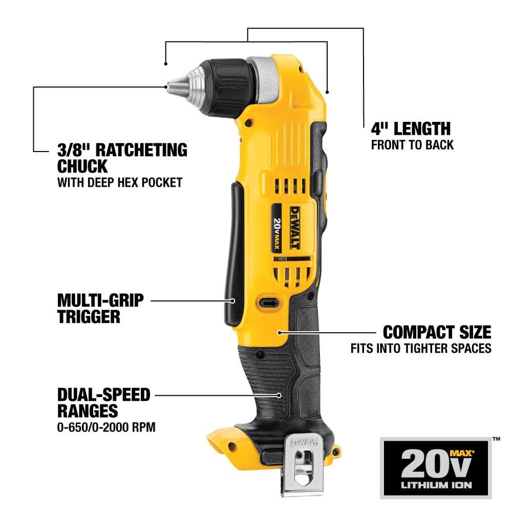 DEWALT 20V MAX Cordless 3/8 in. Right Angle Drill/Driver and (1) 20V MAX Compact Lithium-Ion 4.0Ah Battery (3)