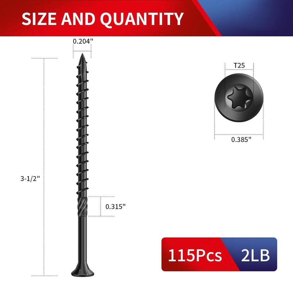 Afoxsos Carbon Steel Black Rust Resistant Epoxy Coated Deck Screws Flat Head (115-Pack) with T25 Star Bit (2)