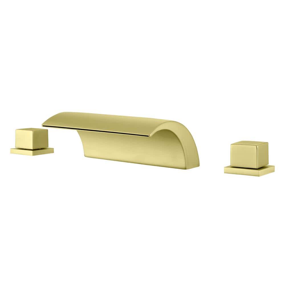 FLG 2-Handle Tub Deck Mount Waterfall Roman Tub Faucet Brass 3 Hole Tub Filler in Brushed Gold (1)