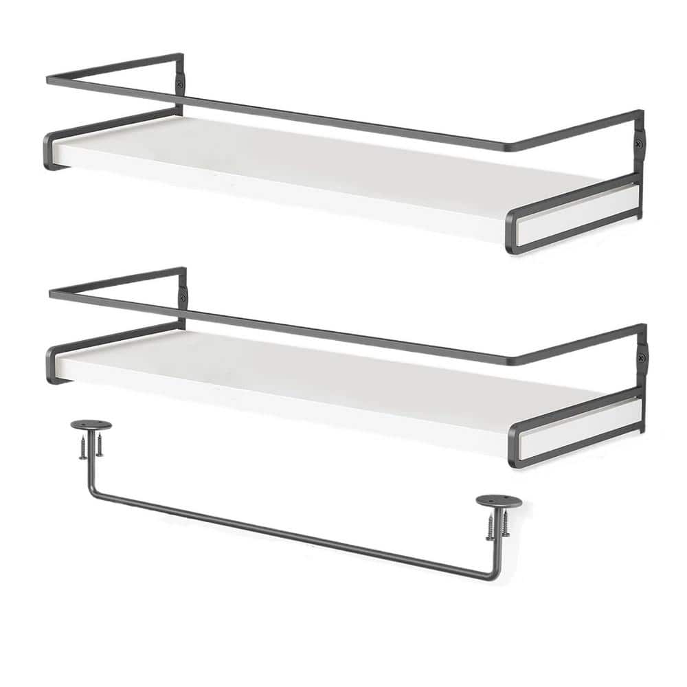 Adrinfly 16 in. W x 3 in. H x 6 in. D Wood Rectangular White Decorative Shelves w Towel Rack, Floating Shelf for Bathroom Kitchen