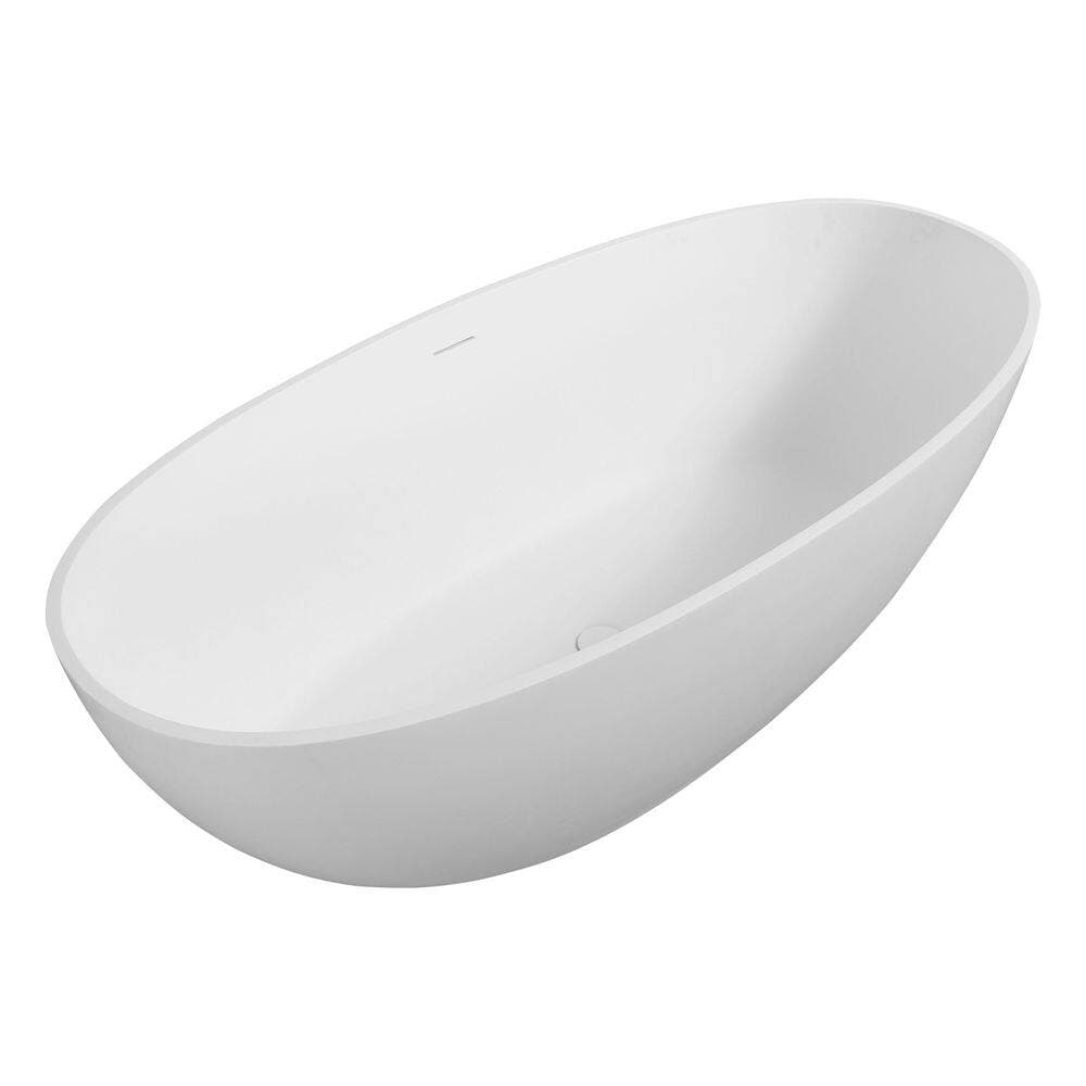 LIVACA 64.96 in. x 29.53 in. Flat Bottom Handcrafted Stone Resin Freestanding Soaking Bathtub with Center Drain in Matte White (2)