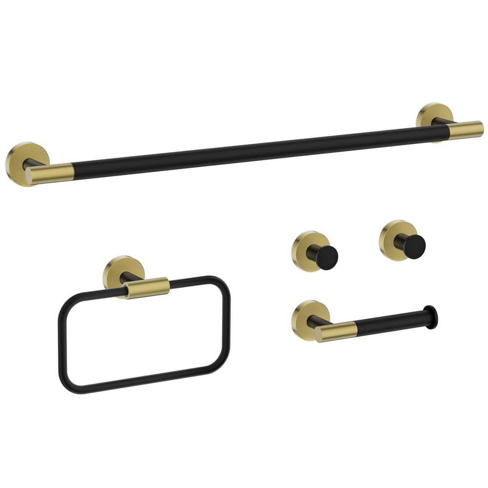 BWE 5-Piece Bath Hardware Set with Towel Rack, Toilet Paper Holder, Towel Ring and 2-Towel Hook Gold and Black (1)