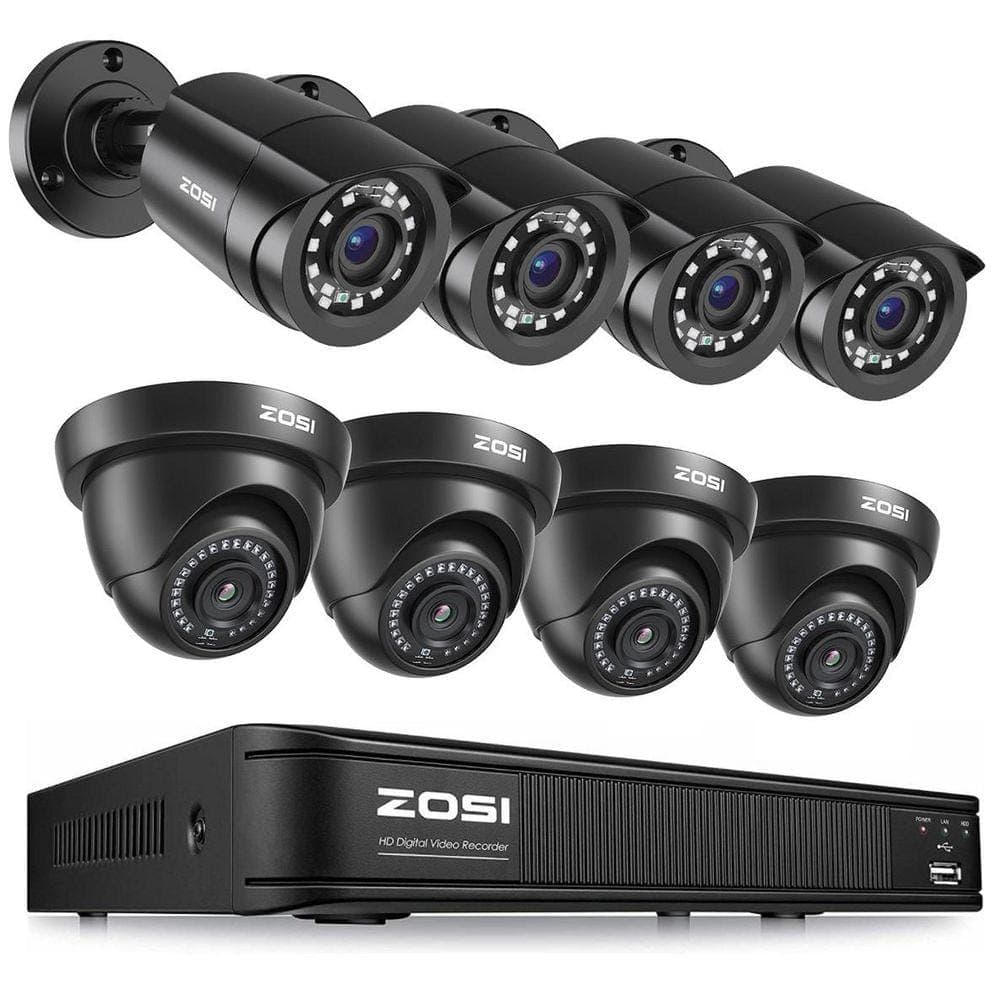 ZOSI 8-Channel DVR Home Security System with 8-Wired 1080p FHD Outdoor Bullet/Dome Cameras, Black (1)