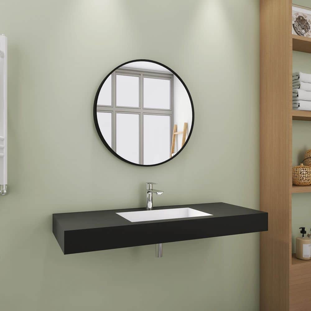 SJ STAR&JANE 47 x 19 in. Solid Surface Wall Mount or Countertop Bathroom Double Vessel Sink with Faucet Holes in Black (2)