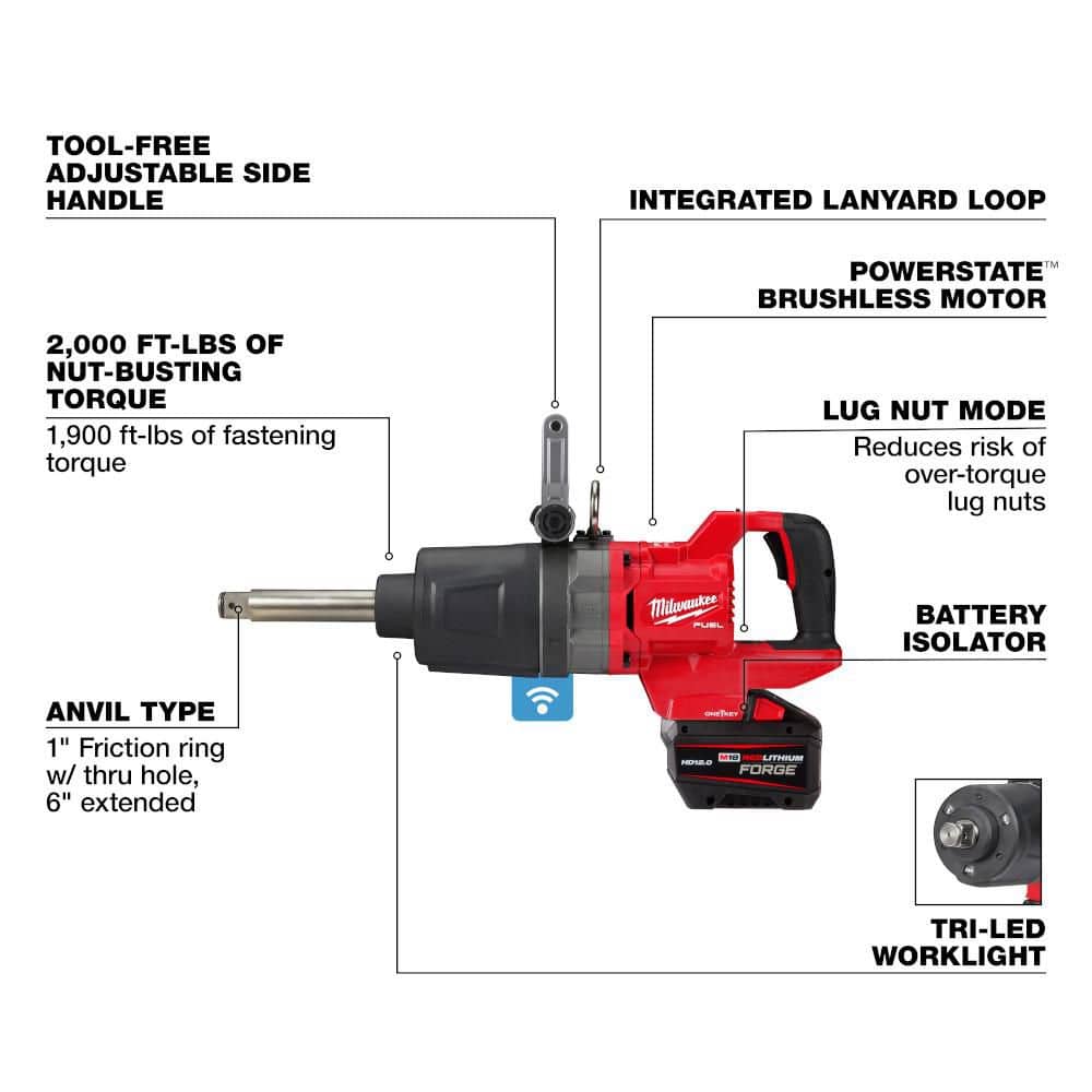 Milwaukee M18 FUEL 18V Lith-Ion Brushless Cordless 1 in. Impact Wrench Extended Reach D-Handle Kit w/Three 12.0 Ah Batteries (3)