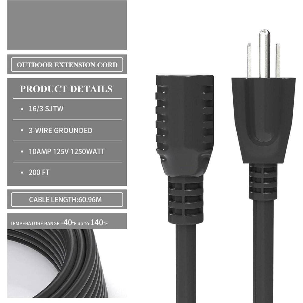 Lukyamzn 200 ft. 16/3 Gauge Black Outdoor Extension Cord with Lighted End Waterproof Cold-Resistant Flexible 10A 1250W 16AWG SJTW (3)