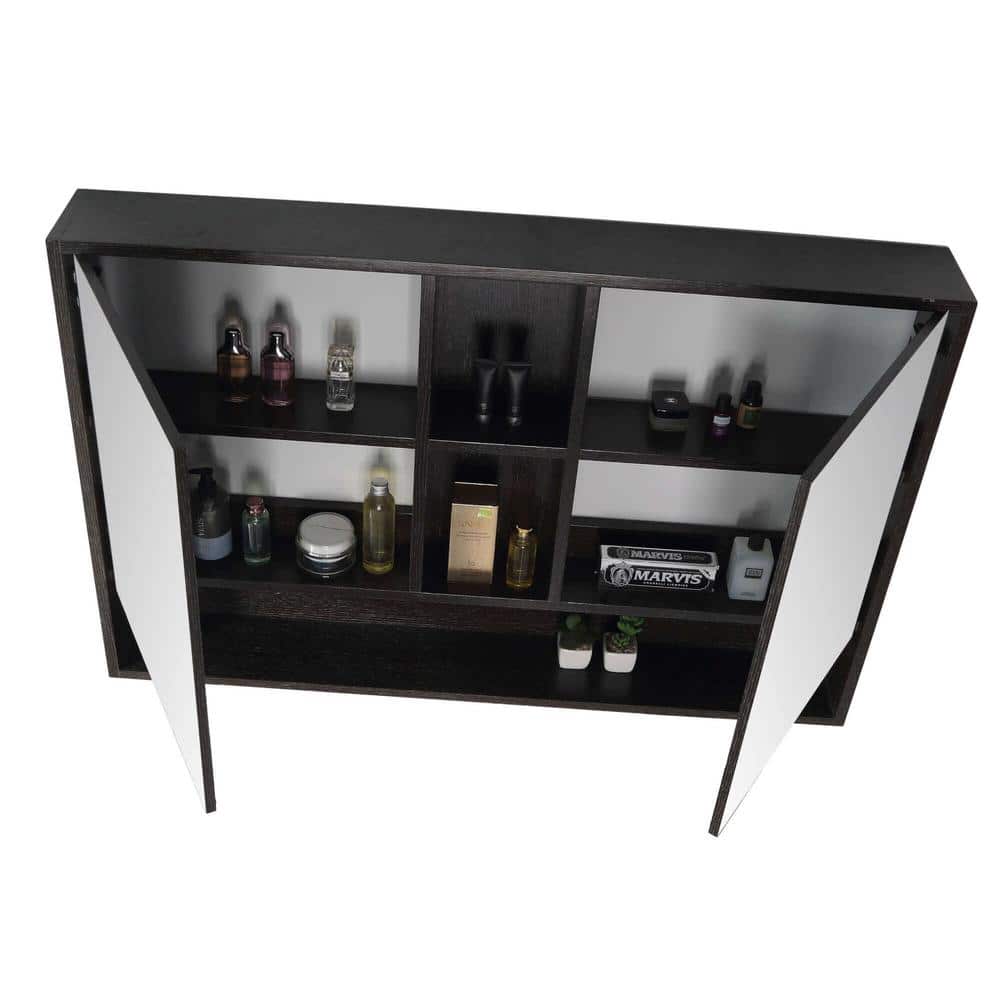 FINE FIXTURES Shawbridge 45.28 in. W 29.53 in. H Large Black Wooden Surface Mount Medicine Cabinet with Mirror (3)
