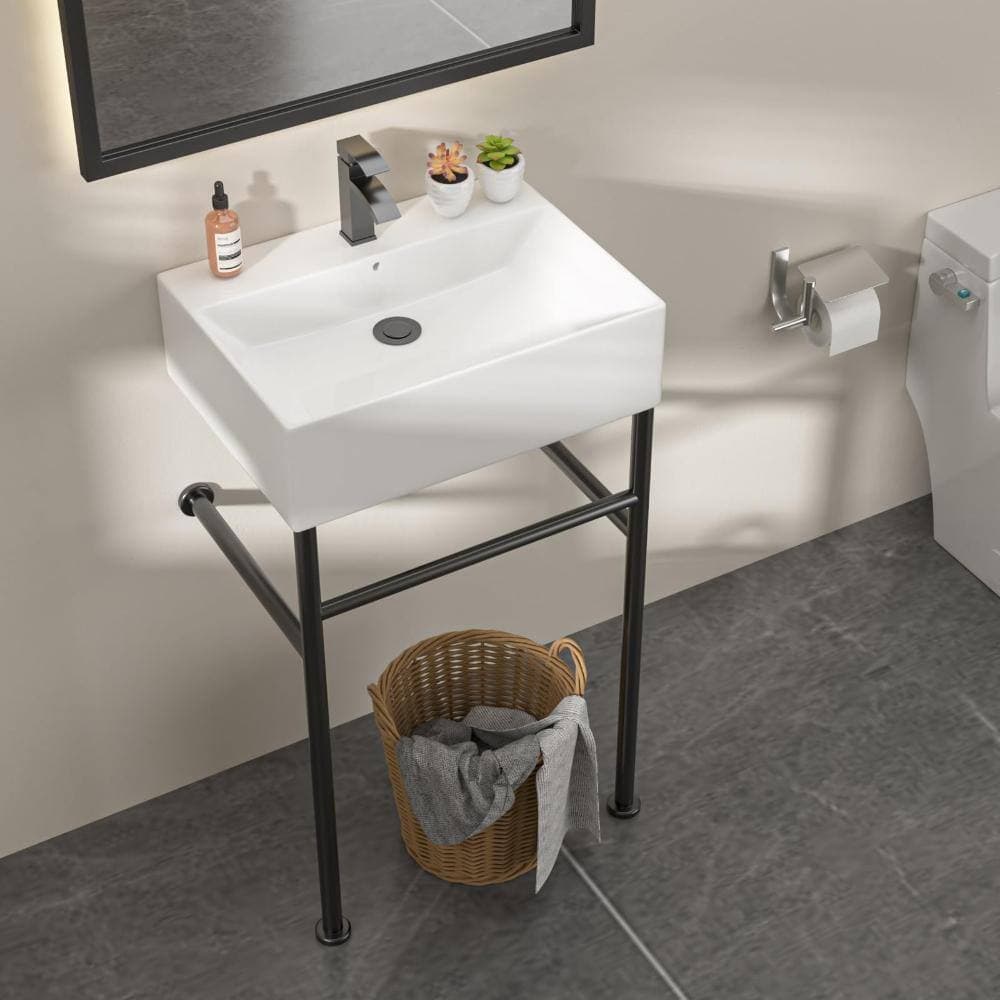 Dcolora 24" x 16" White Freestanding Console Bathroom Sink, Wall-Mounted, Ceramic Basin with Black Support Legs With Overflow (2)