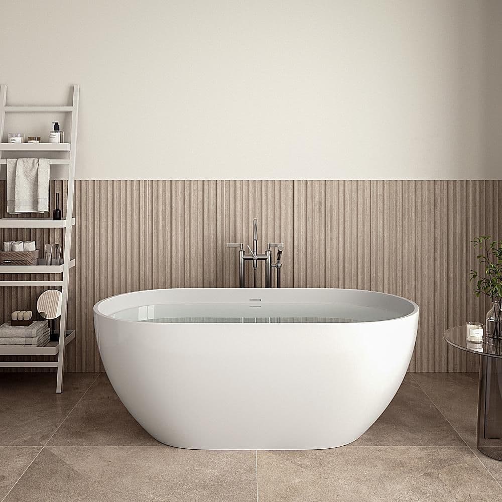 Streamline 59 in. x 28 in. NS7040CH Stone Resin Freestanding Soaking Bathtub in Matte White with Polished Chrome Drain Bamboo Tray (1)