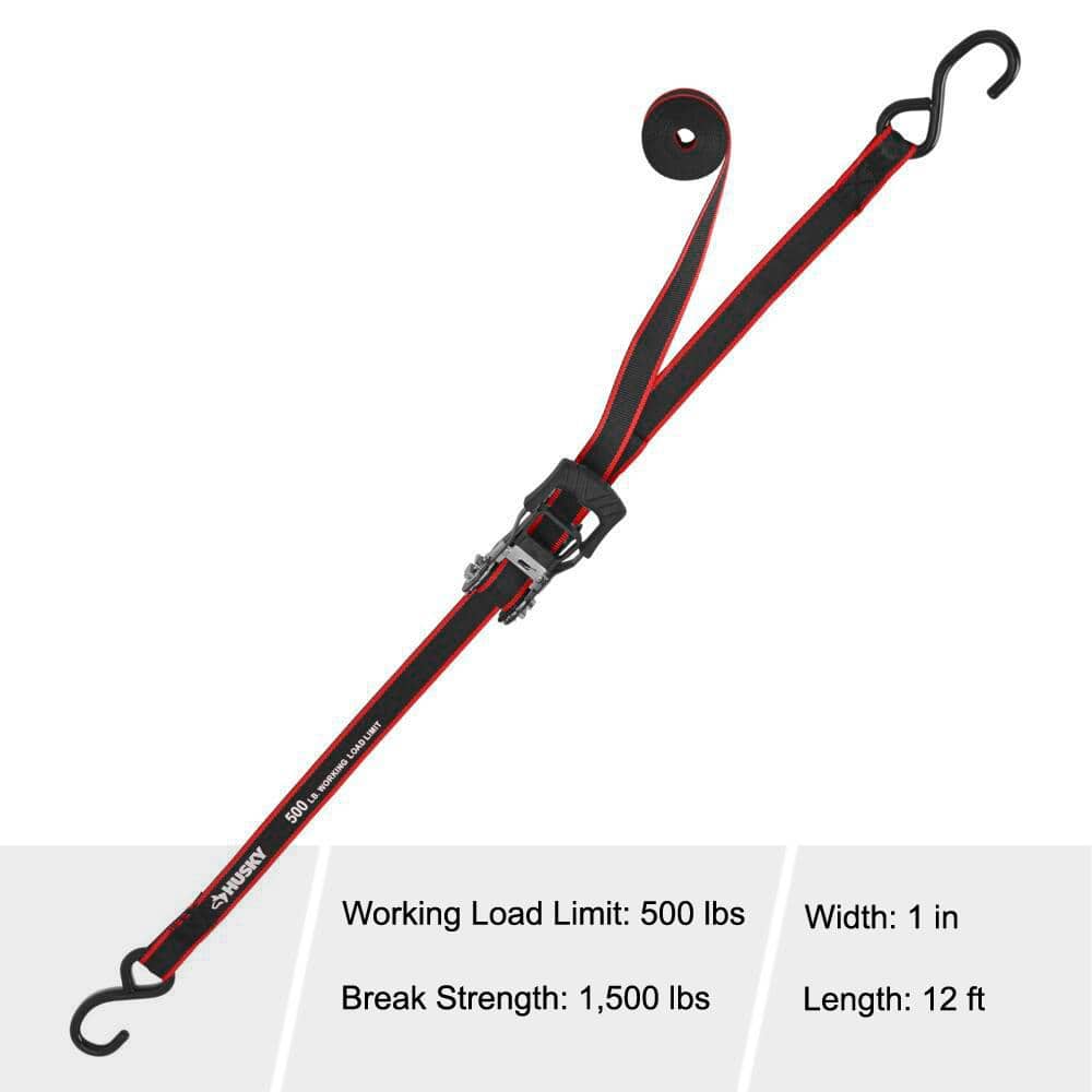 Husky 12 ft. x 1 in. Ratchet Tie-Down Straps with S-Hook (4-Pack) (4)