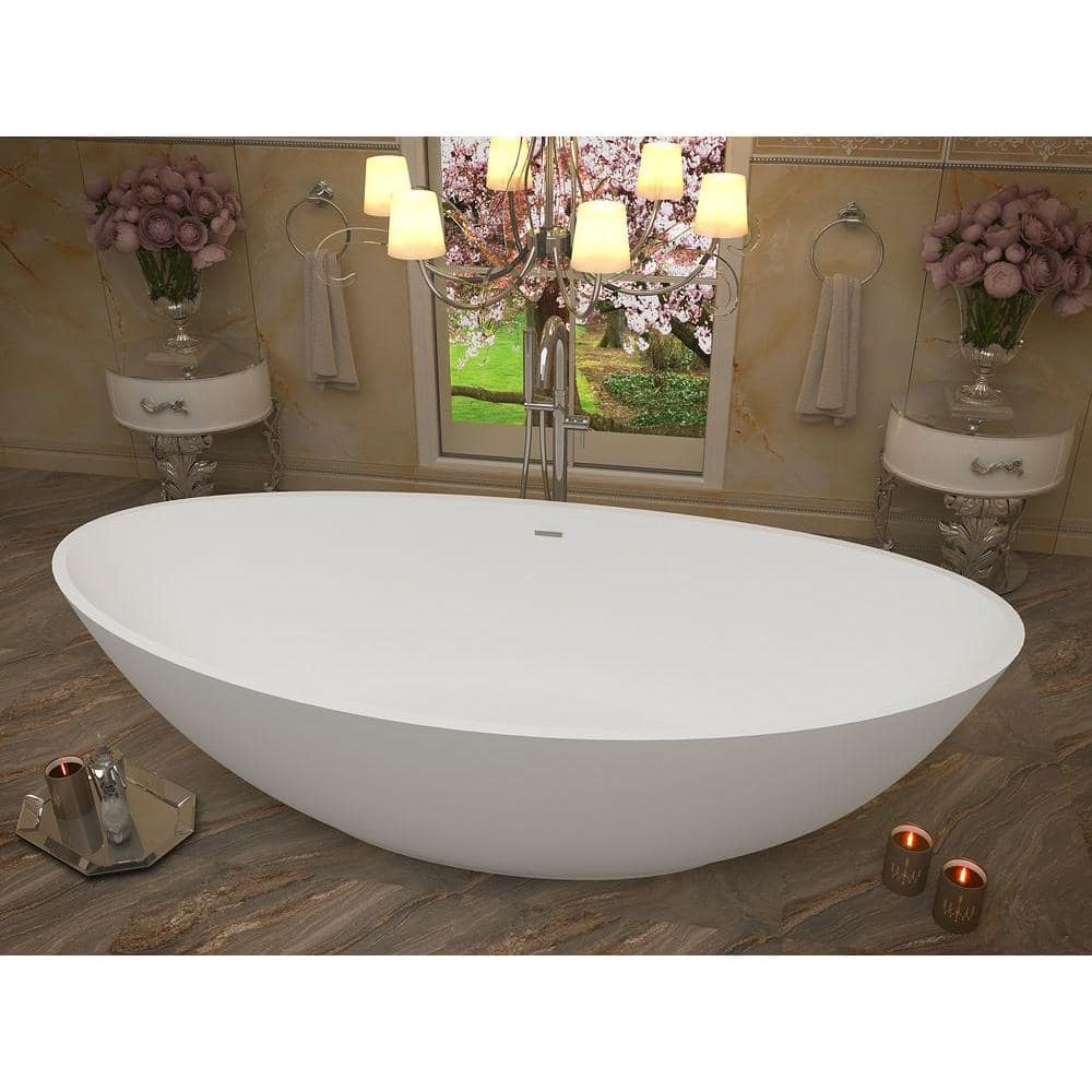 ANZZI Masoko Series 74 in. x 34 in. Flat Bottom Solid Surface Freestanding Soaking Bathtub with Center Drain in Matte White (2)