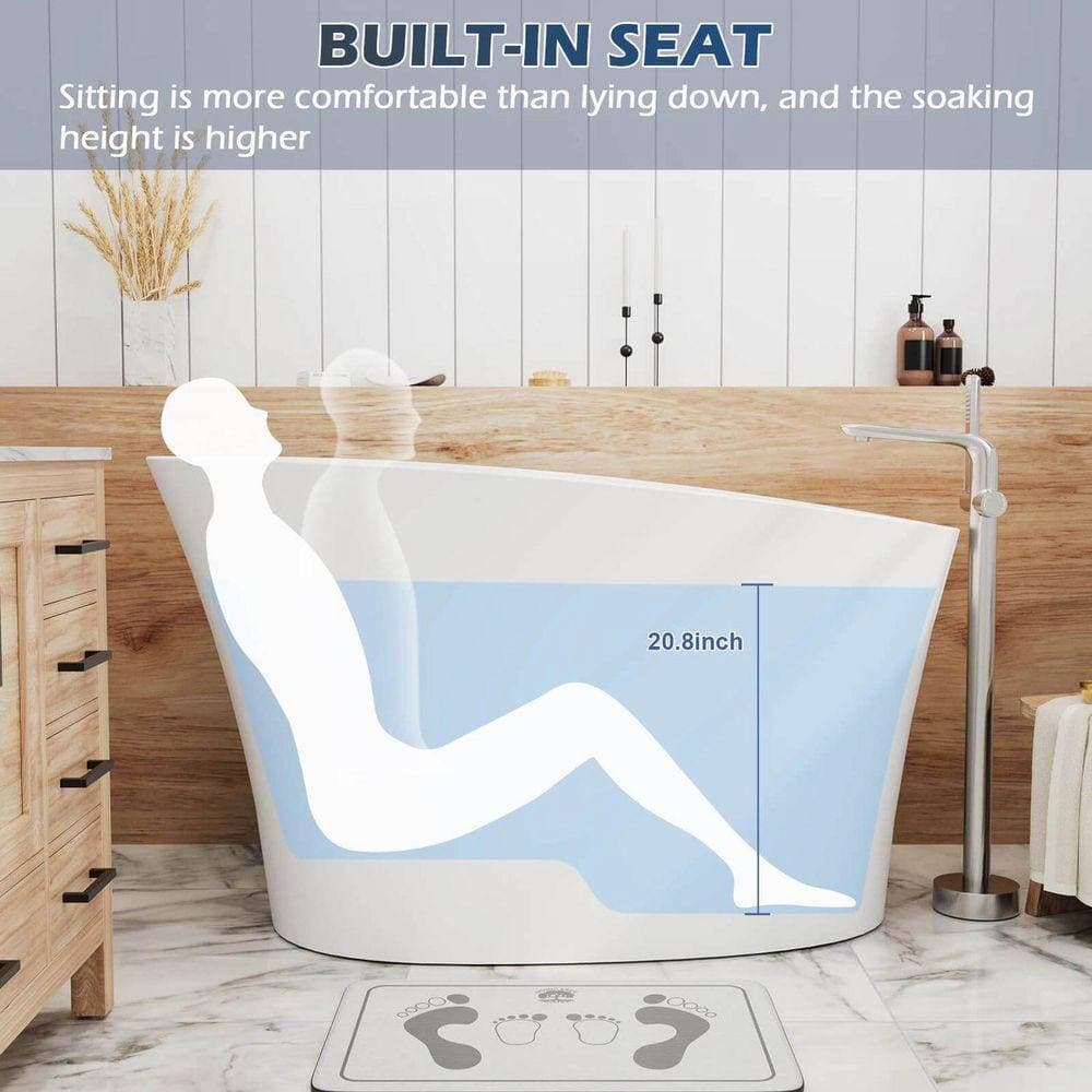 GIVING TREE 51 in. x 27.6 in. Single Slipper Japanese Soaking Bathtub with Built-in Seat in Solid Surface Stone Resin White (3)