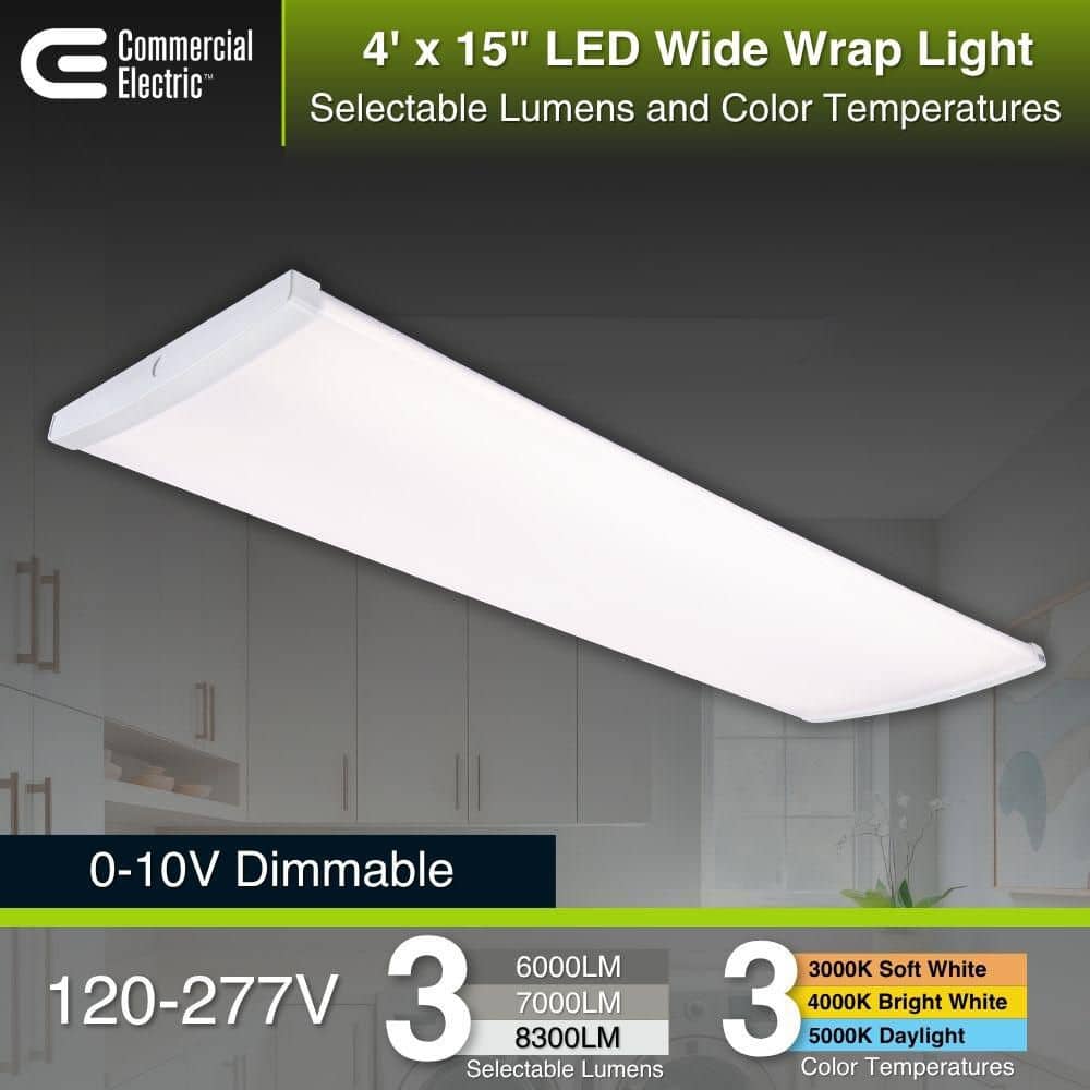 Commercial Electric 1-Pack 4 ft. x 15 in. 6000/7000/8300 Lumens Integrated LED White Commercial Wraparound Light, Selectable CCT, 120-277V (4)