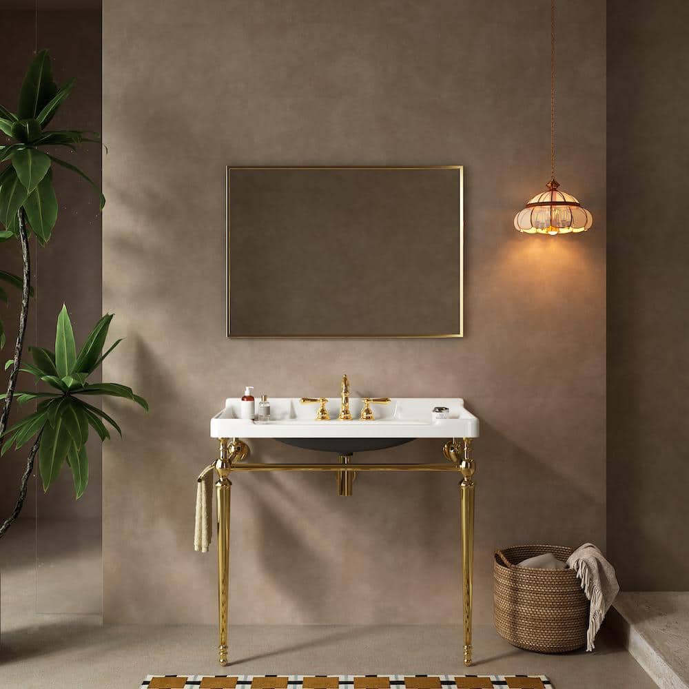 Modland Baye 35.83 in. W Bathroom Ceramic Single Console Sink in White with Golden Stainless Steel Leg (3)