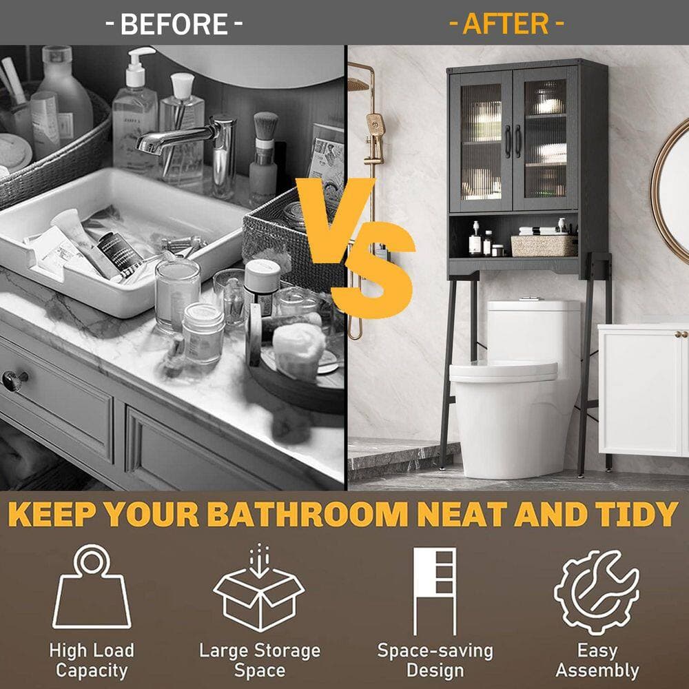 Wudkey 23.6 in. W x 66.5 in. H x 9.4 in. D Wood Rectangular Over The Toilet Storage Organizer with Adjustable Shelf in Black (3)