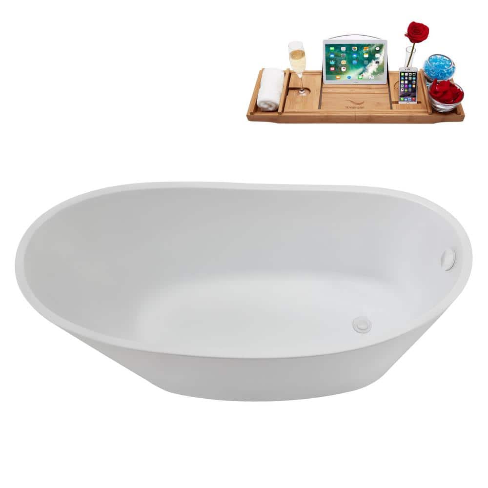 Streamline 59 in. x 28 in. Acrylic Freestanding Soaking Bathtub in Glossy White with Glossy White Drain, Bamboo Tray (3)