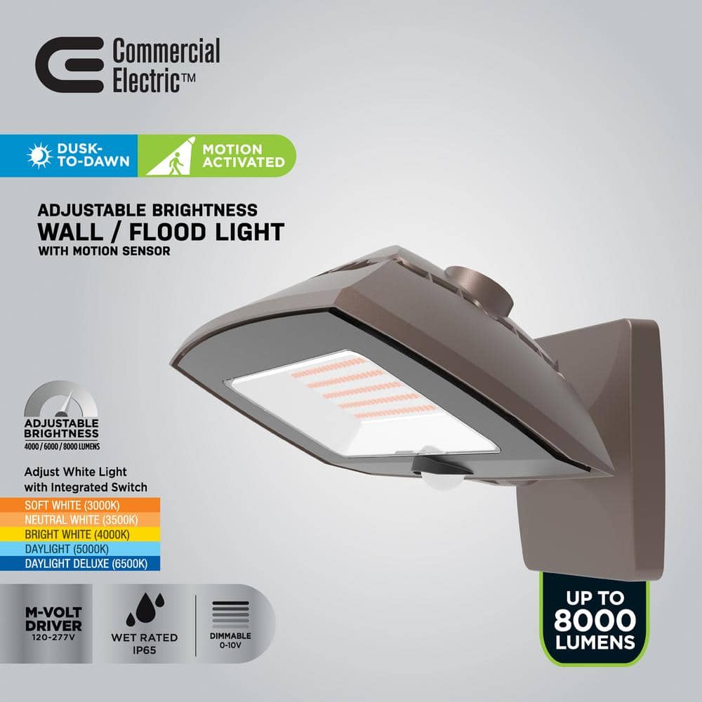 Commercial Electric ARFL 400-Watt Equivalent, 8000 Lumens, Selectable CCT, Integrated LED, Arch Wall Flood Light with Motion, Bronze (3)
