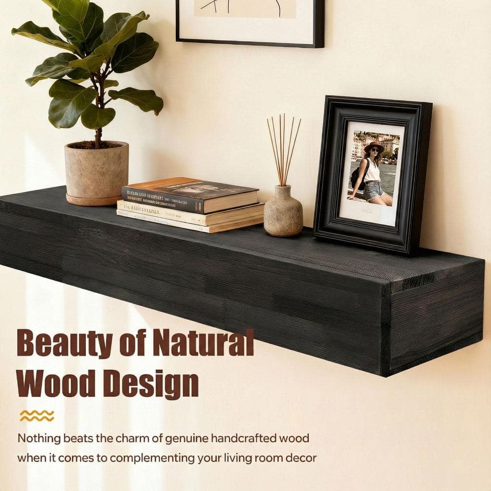 Anqtovp 9 in. W x 6 in. H x 72 in. D Wood Rectangle Shelf Wall-Mounted and Floating in Black (2)
