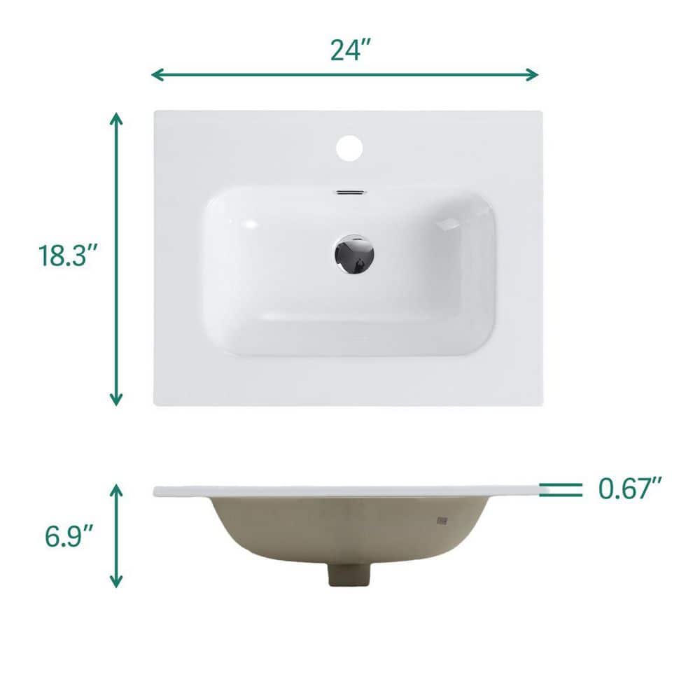 LIVACA 24 in. 18 in. Drop-In Bathroom Sink in Gloss White Ceramic with 1 Pre-Drilled Faucet Hole (2)