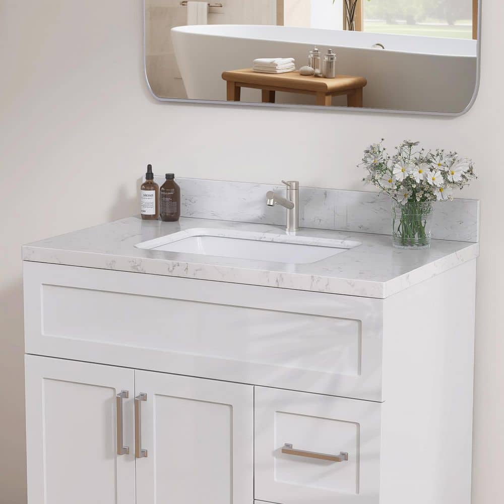 Getpro 36 in. W x 4 in. H Engineered Stone Vanity Backsplash in Carrara White for Vanity Sink Top Window Sill Door Transitions (3)