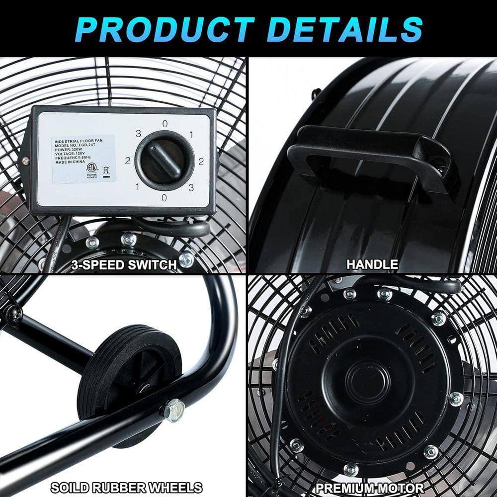 Stbine 24 in. 3 fan speed Drum Fan Air Circulation High Velocity Industrial Fan with 360° Adjustable Tilt in Black (3)
