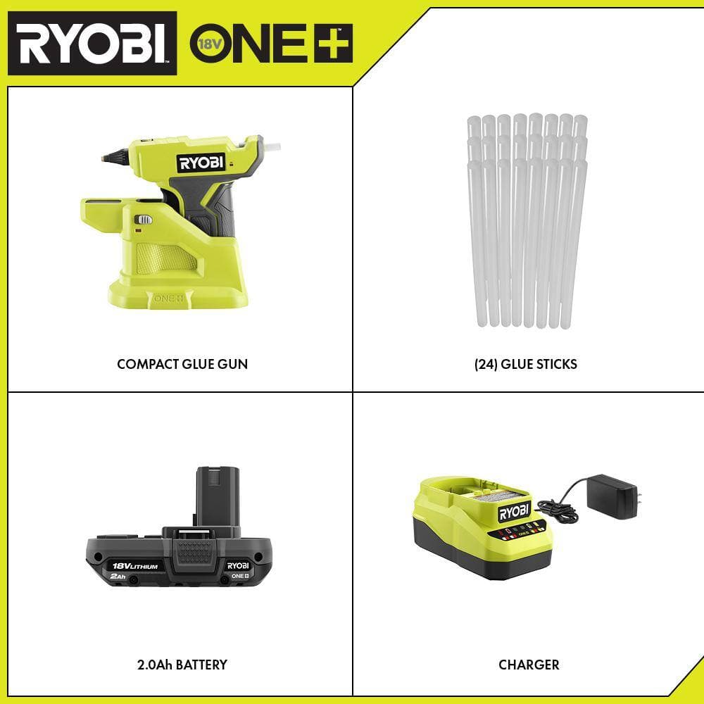 RYOBI ONE+ 18V Cordless Compact Glue Gun Kit with 2.0 Ah Battery, 18V Charger, and 24-Pack 5/16 in. x 6 in. Mini Glue Sticks (2)