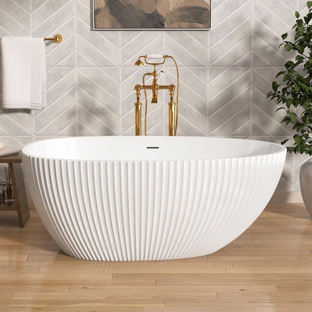 Getpro 59 in. x 30.5 in. Freestanding Acrylic Soaking Bathtub with Center Chrome Drain in White-Shell Inspired Ribbed Design (1)
