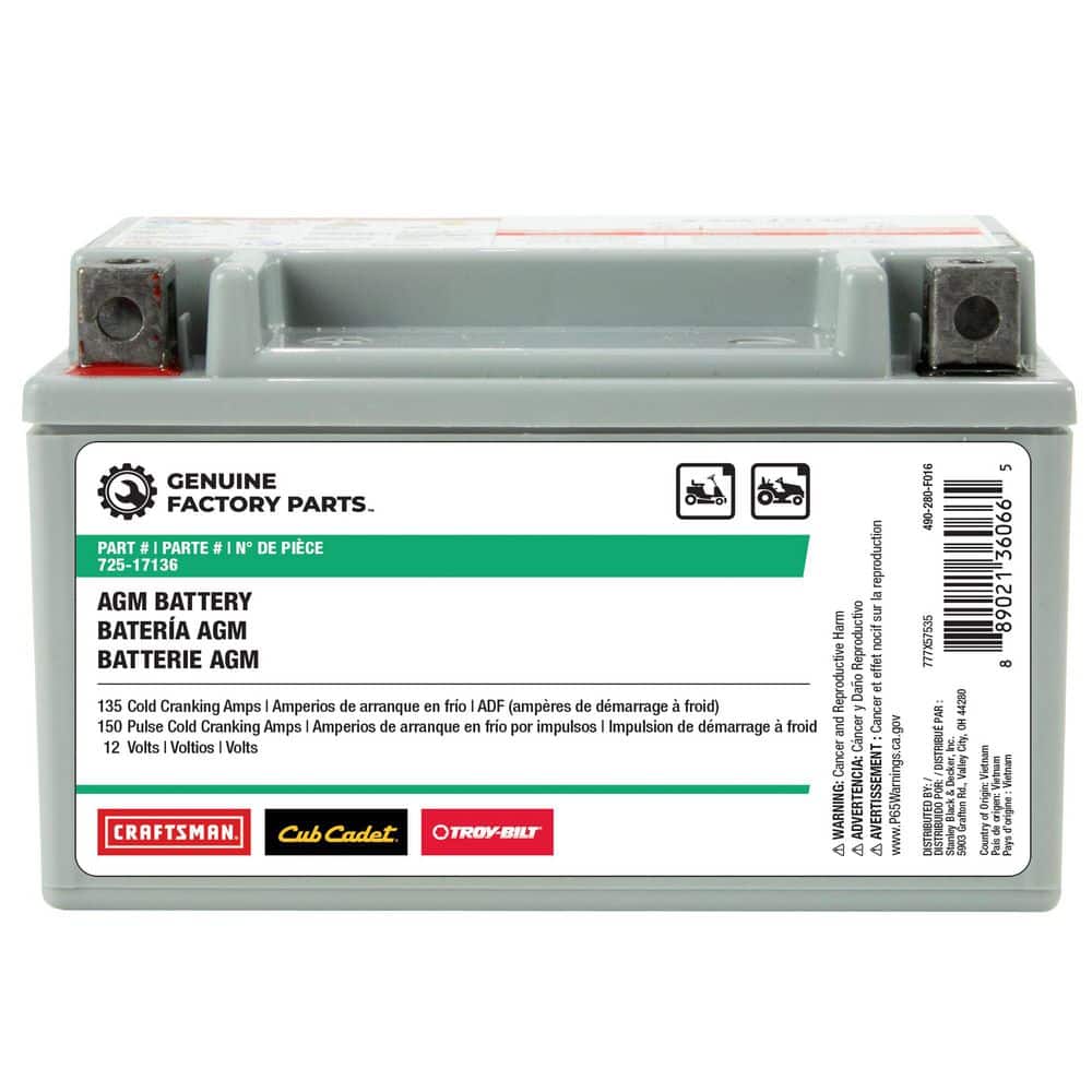 Genuine Factory Parts Replacement 12-Volt 7 Ah 135 CCA Sealed AGM Riding Lawn Mower Battery