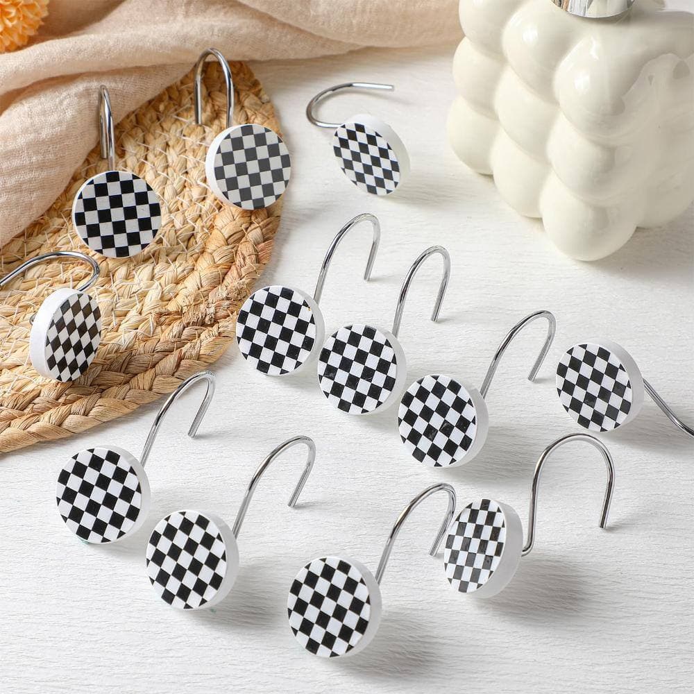 Unbranded Rustic Checkered Black and White Resin Metal Round Decorative Shower Curtain Hooks Rings Bathroom Set 12 (3)
