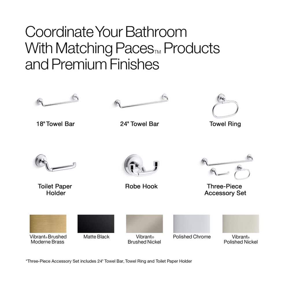 KOHLER Paces 3-Piece Bath Hardware Set Towel Bar, Toilet Paper Holder and Hand Towel Holder (4)