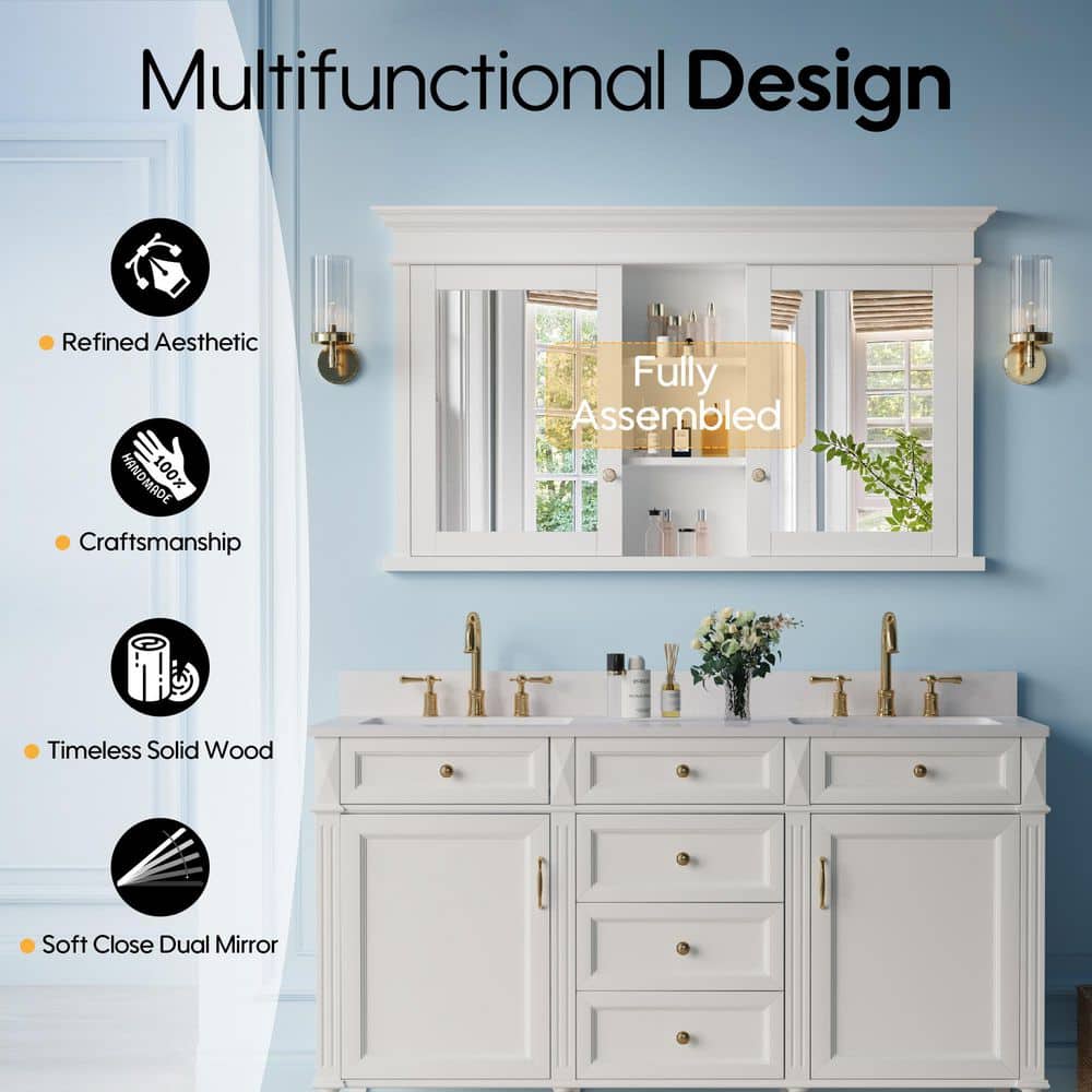 ANGELES HOME 55 in. W x 32 in. H Recessed Mount Rectangular Wood Medicine Cabinet with Mirror and Double Door, Adjustable Shelves (2)