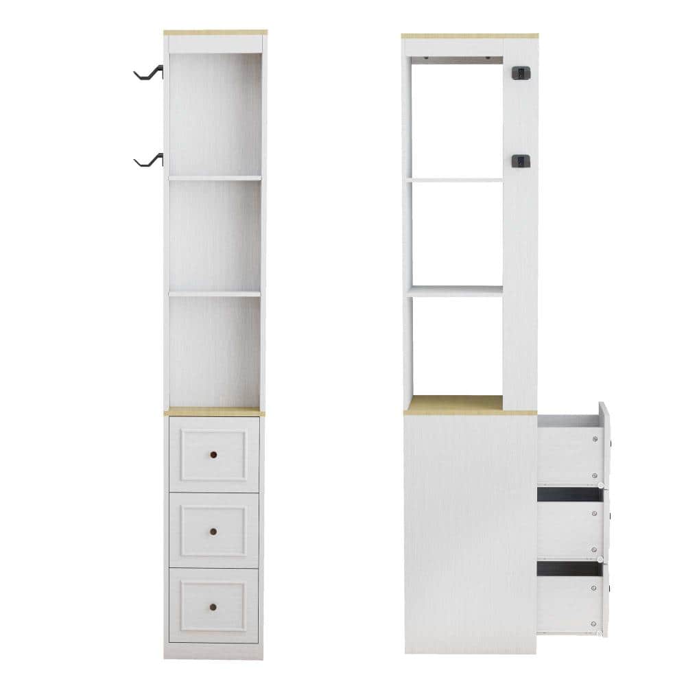 XUJMK 16 in. W x 12 in. D x 73 in. H Linen Cabinet, 3-Tier Tall Slim Storage Cabinet with 3 Drawers, 2 Hooks, Antique White (1)