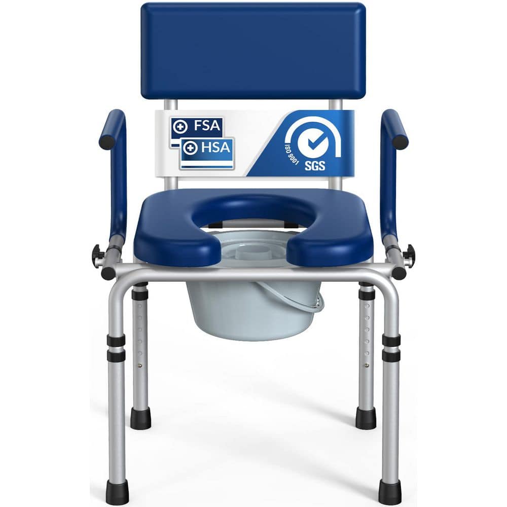Numhew 6.3 qt. Drop Arm Bedside Commode, Commode Toilet with Padded Seat and Backrest, 400 lb. Capacity Toilet Seat in Blue (1)