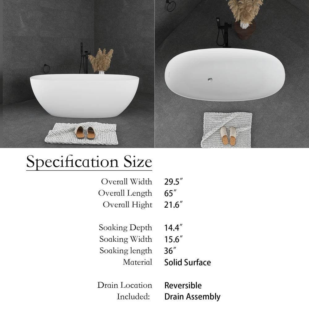 Unbranded 65 in. x 29.5 in. Soaking Bathtub with reversible Drain in Matte White (2)