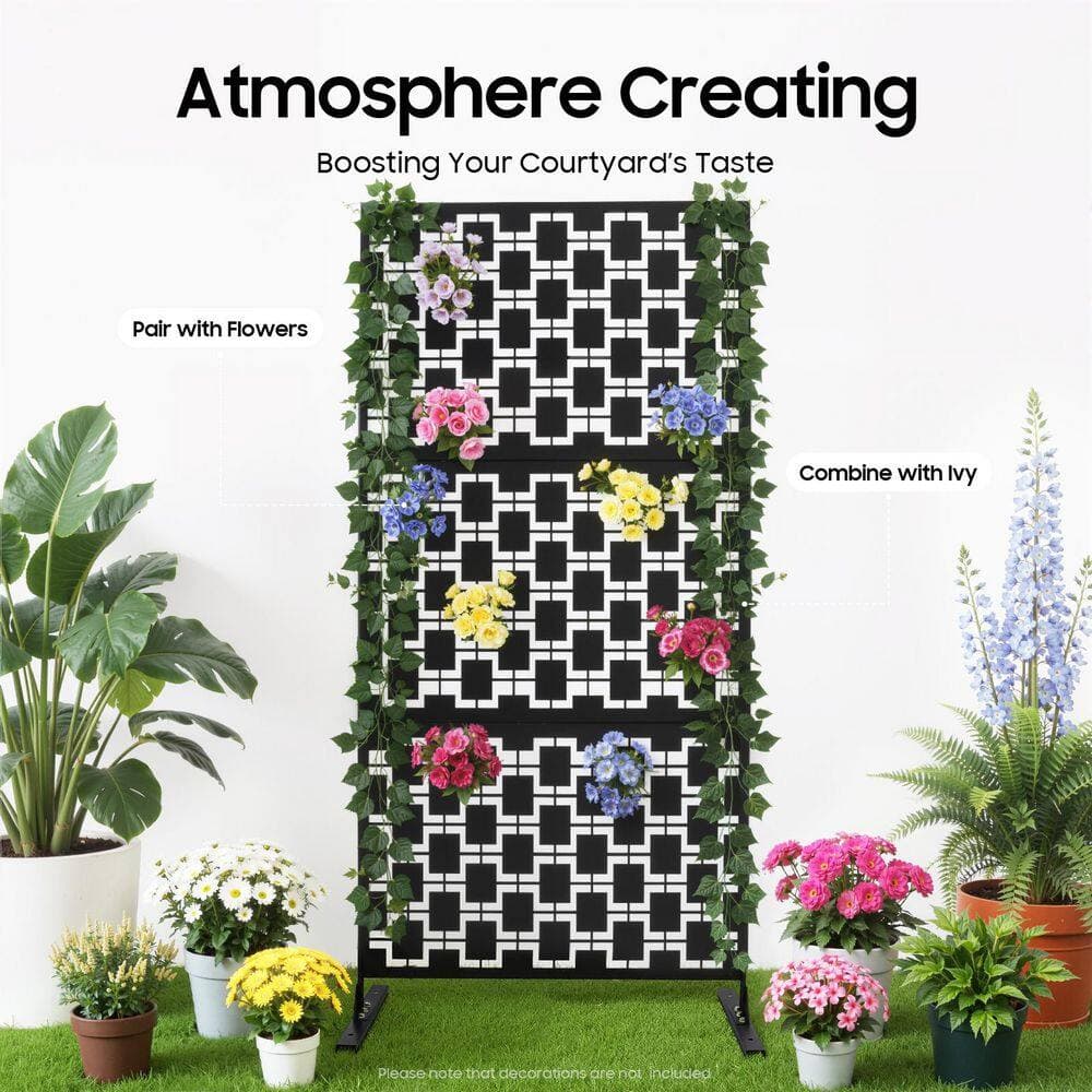 YIYIBYUS 6.2 ft. x 2.9 ft. Outdoor Freestanding Metal Privacy Screen Decorative with Stand Black Grid (3)