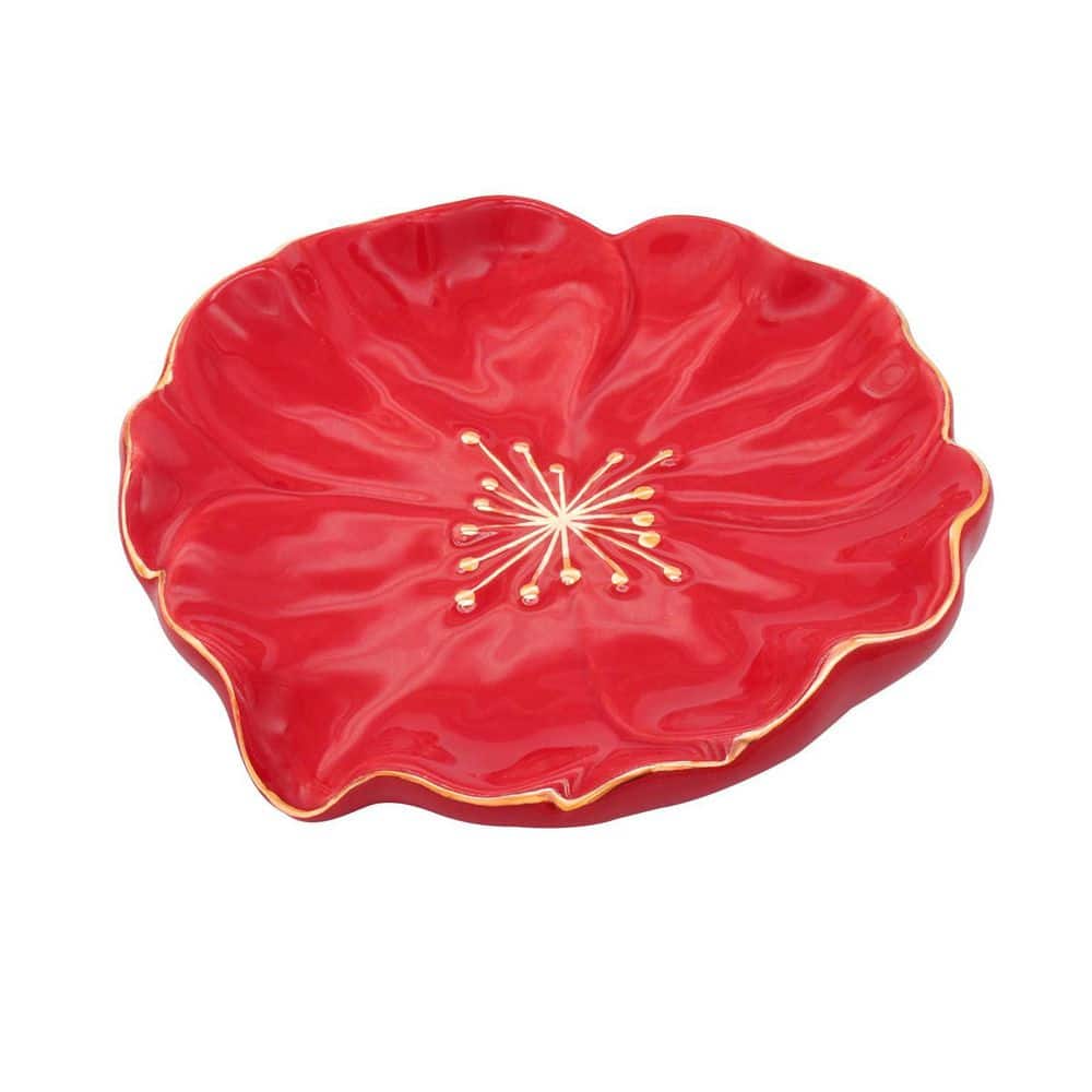 Unbranded 1-Pack Red Ceramic Hibiscus Flower Soap Dish Freestanding Self Draining Bar Holder for Shower Bathroom (1)