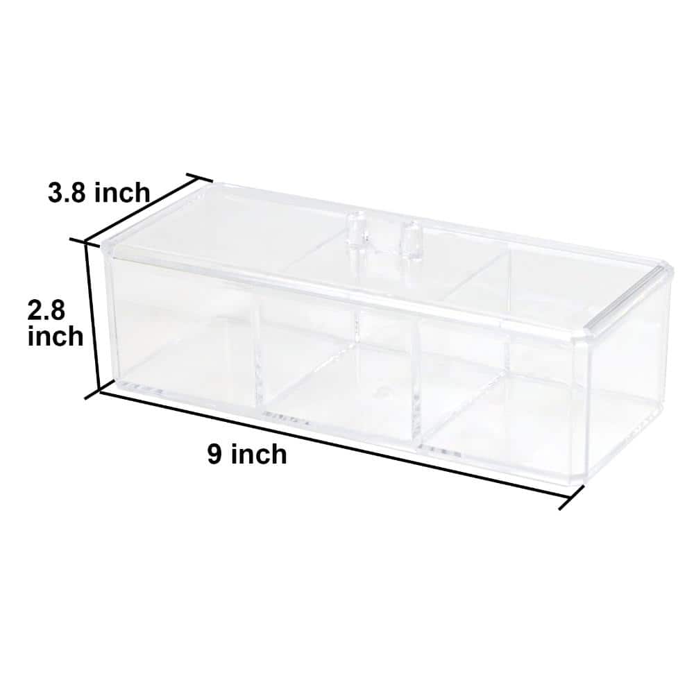 Unbranded Countertop Clear Acrylic Cotton Swab Holder with 3-Compartment Lid Storage Container for Bathroom Vanity (3)