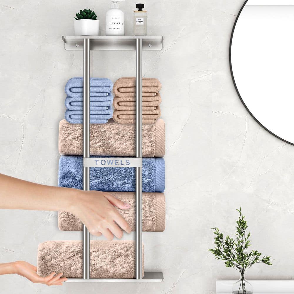 Numhew 30 in. Bathroom Wall Mounted Towel Racks with Shelf Can Hold 6 Towel, Wall Towel Rack for Rolled Towel in Brushed Nickel (2)